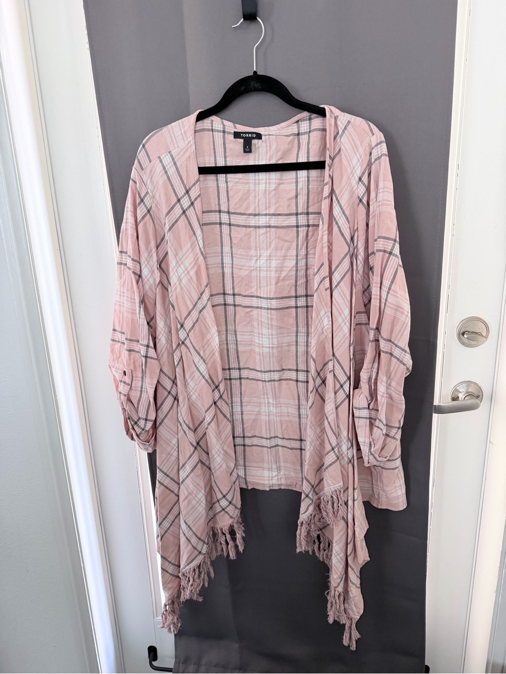 torrid Pink Plaid Fringe Draped Open Cardigan